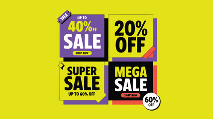 Fototapeta premium Sale Banners Featuring Super, Mega, Up To 40% and 20% Off Deals on Yellow Background
