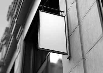 Empty sign hanging from a stone building facade