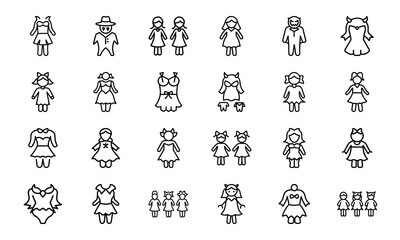 Outline Icon Set of Clothing and Accessories for Men, Women, and Children – Fashion Apparel Collection Including Shoes, Hats, Bags, Belts, and More – Minimal Line Art Style for Web, App, and Print Us