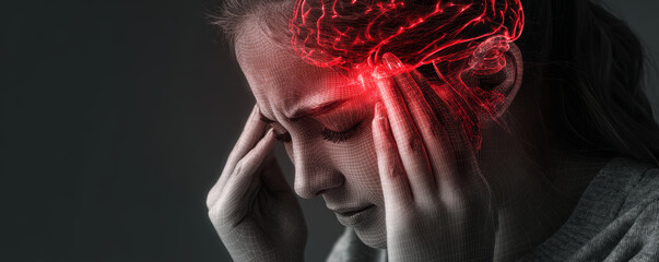 Woman holding head with hands showing headache pain and red brain illustration overlay