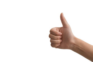 Human hand showing thumbs up gesture isolated on white background representing approval, success, like, and agreement