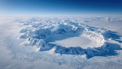 Aerial view of a vast, icy landscape with a circular crevasse