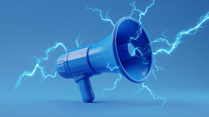 Blue megaphone with electric lightning effect, symbolizing powerful communication and energetic announcement in vibrant blue background