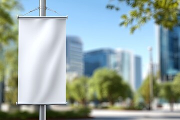 Blank white banner hanging from a light pole.  Urban cityscape background
