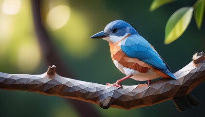 Un petit oiseau low poly sur une branche.