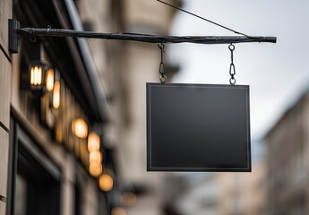 Empty black sign hanging from a rustic wooden beam on a building exterior