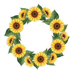 Beautiful sunflower wreath arrangement with green leaves isolated on transparent background