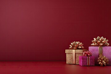 Three gift boxes with gold ribbons on a deep maroon background