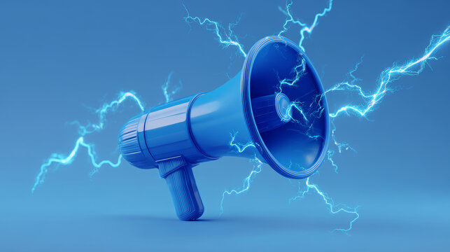 Blue megaphone with electric lightning effect, symbolizing powerful communication and energetic announcement in vibrant blue background
