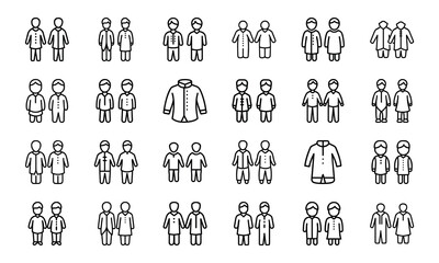 Outline Icon Set of Clothing and Accessories for Men, Women, and Children – Fashion Apparel Collection Including Shoes, Hats, Bags, Belts, and More – Minimal Line Art Style for Web, App, and Print Us