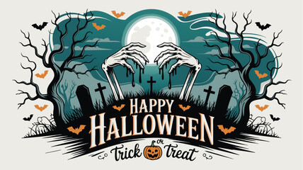 Spooky Happy Halloween Design with Zombie Hands, Tombstones, Bats, and Full Moon