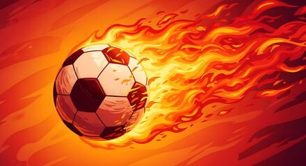 Naklejka premium Soccer Ball on Fire - In Motion, Dynamic Sports Action, Energetic Football, Intense Game, Power, Fiery Energy, Fast Speed