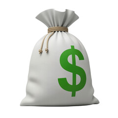 White Money Bag with Green Dollar Sign on Transparent Background