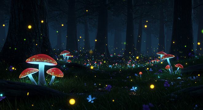 A mystical glade in a dark forest filled with glowing red mushrooms and shimmering fireflies. - Powered by Adobe