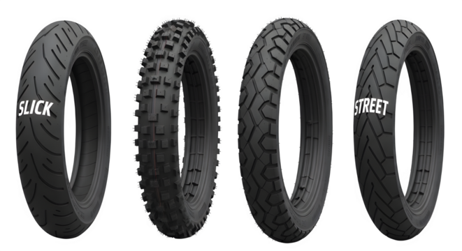 Explore diverse motorcycle tire treads, showcasing slick, off-road, adventure, and street styles for every rider's adventure and performance needs.