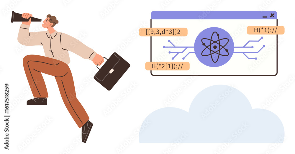 Poster businessman holding megaphone and briefcase next to atom diagram in web browser with code lines. ide