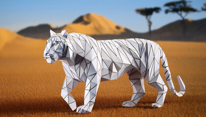 Un tigre blanc low poly dans la savane.