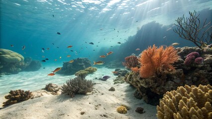 Vibrant Tropical Reef Scene: Sunlit Coral, Colorful Fish, Sandy Seabed, Underwater Paradise