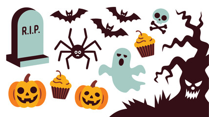 Obraz premium Whimsical Halloween Illustrations Tombstone, Bats, Spider, Ghost, Skull, Cupcakes, Pumpkins, and Spooky Tree