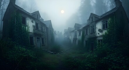 Spooky Abandoned Street - Foggy Atmosphere, Haunted Village, Eerie Old Houses, Derelict Town, Mystery Location, Horror Setting, Ghostly Mood