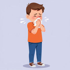 Little Boy Sneezing into Elbow – Cartoon Vector Health Concept on White Background