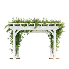Elegant white wooden pergola covered in lush green vines isolated on transparent background