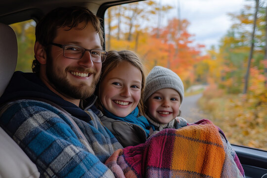 Happy family driving through countryside during autumn with vibrant fall foliage, enjoying nature and togetherness inside car. Concept of travel, family bonding, lifestyle and outdoor adventure.
