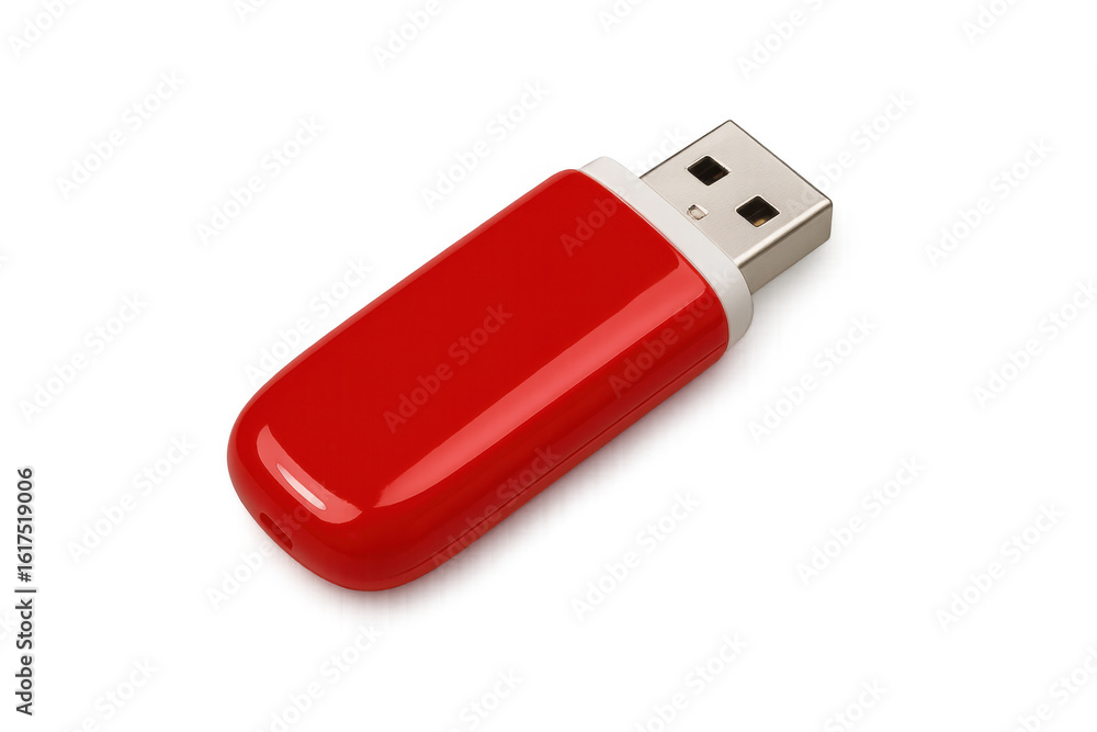 Poster shiny red usb flash drive lying diagonally on a transparent background, ready for data storage and t