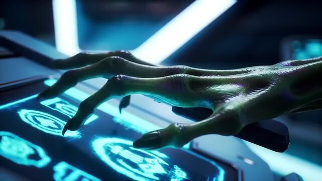 Alien hand interacts with a glowing, futuristic interface