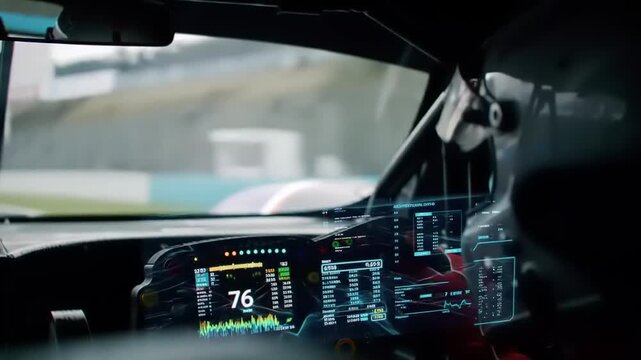 Racing car cockpit, futuristic dashboard.  Interior view.  Multiple digital displays show data, overlaid on a black panel.  Blurred track view through windshield