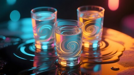 Three glasses with swirling liquid patterns illuminated by colorful lights on a reflective surface