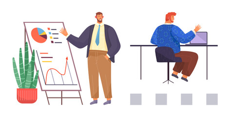 Man presenting data on a chart, colleague typing on laptop at desk, potted plant nearby. Ideal for teamwork, data analysis, presentation, strategy planning, office culture, productivity simple flat