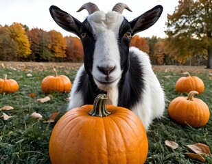 black and white goat with pumpkins during the autumn