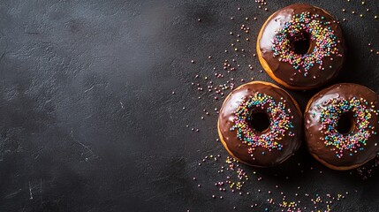 Chocolate frosted donuts with rainbow sprinkles.