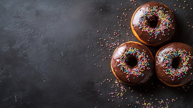 Chocolate frosted donuts with rainbow sprinkles.