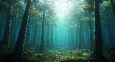 Naklejka premium Sunlit Forest Canopy A Serene Woodland Scene with Vibrant Green Trees and a Mystical Atmosphere