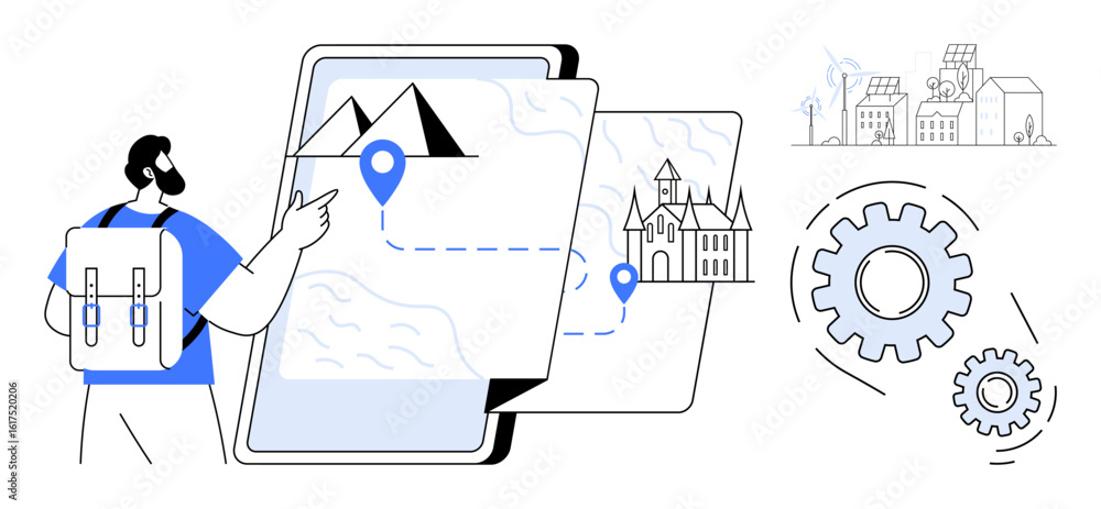 Poster man with backpack interacts with digital maps featuring geolocation points, landmarks, and direction