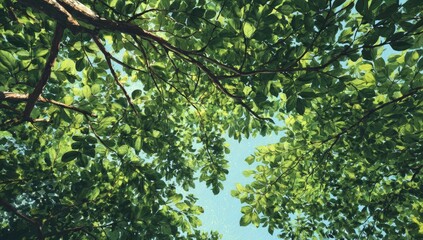 Fototapeta premium Lush green leaves and branches reaching for a light blue sky