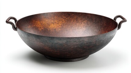 A single, beautifully textured 4K photorealistic image of a carbon steel wok with a flat bottom, seasoned appearance, perfectly isolated on a pure white background. Warm, inviting lighting, subtle