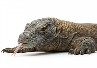 Obraz premium Intriguing close up of a Komodo dragon with its tongue out against a stark white background