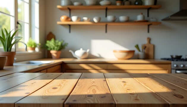 A wooden table in a modern kitchen with sunlight streaming through a window
