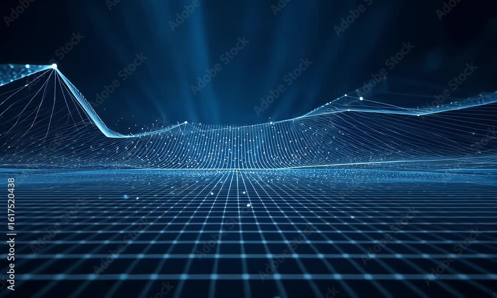 Poster abstract blue digital grid background with glowing light rays and mesh. digital technology concept f
