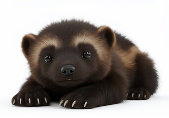 Obraz premium Adorable wolverine cub looking directly at you with expressive eyes on a clean white background