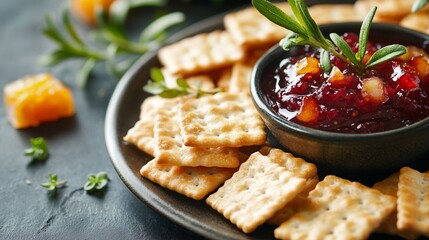 Crackers with fruits jam arranged on a plate.