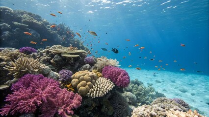 Vibrant Coral Reef Seascape: Sunlit Underwater Scene with Colorful Fish and Diverse Coral Formations.
