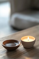 A candle and a bowl on a table