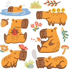 Obraz premium Capybara with different pose flat vector illustrations set. Capybaras bathing, eating apple, sleeping in jungle.