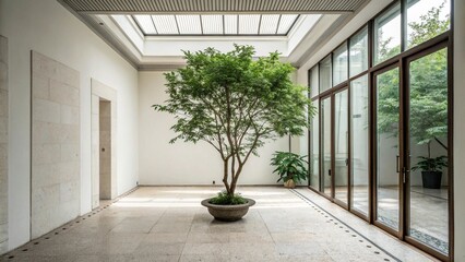 Modern minimalist interior: serene atrium with potted tree, natural light, and stone floor.