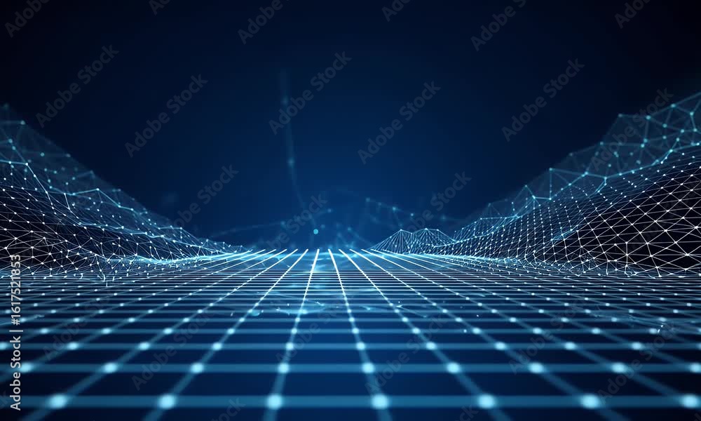 Poster abstract blue digital grid background with glowing light rays and mesh. digital technology concept f