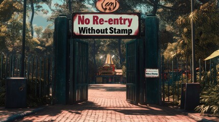 Amusement Park Gate with Bold "No Re-entry Without Stamp" Sign